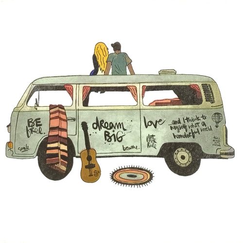 P711 retro autobusiukas su porele ant jo ir gitara - popierines serveteles